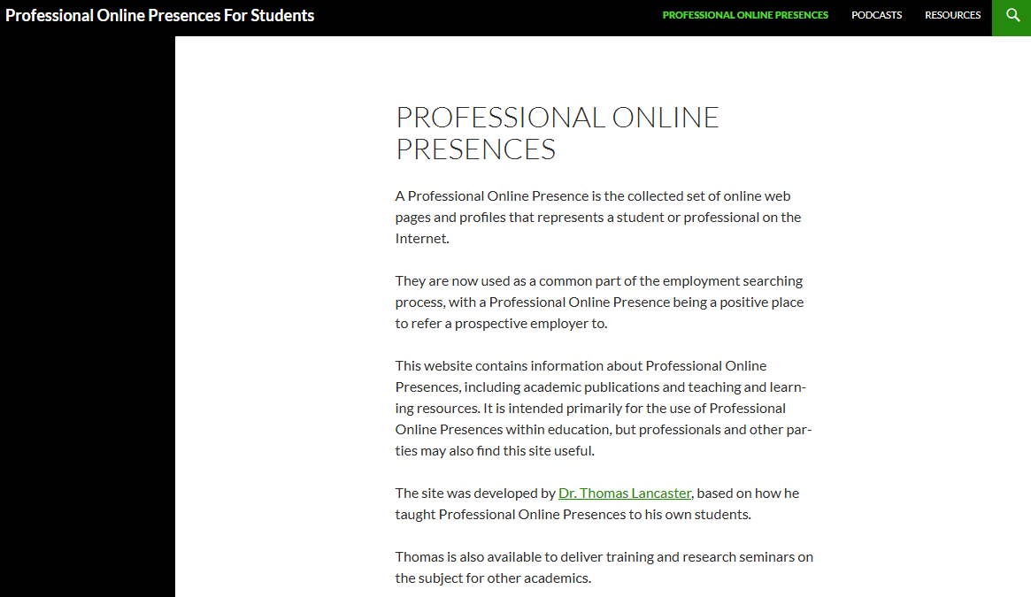 Screenshot of the original resources blog ‘Professional Online Presences For Students’.